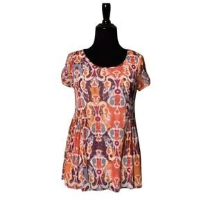 Anthropologie orange purple Print Short Sleeve Boho Top Blouse S